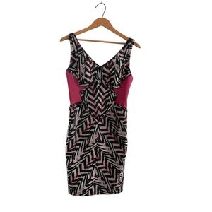 Zac Posen Dress Shift Black Pink Chevron Mini Geometric Silk Sz. 10